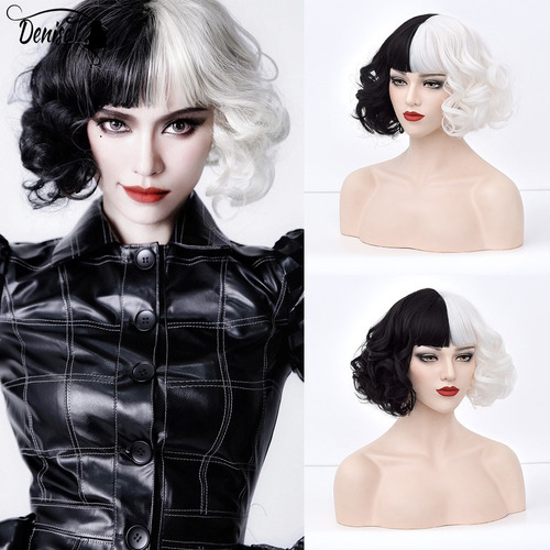 Nueva Cruella De Vil Cosplay Peluca Mitad Blanca Mitad Negro