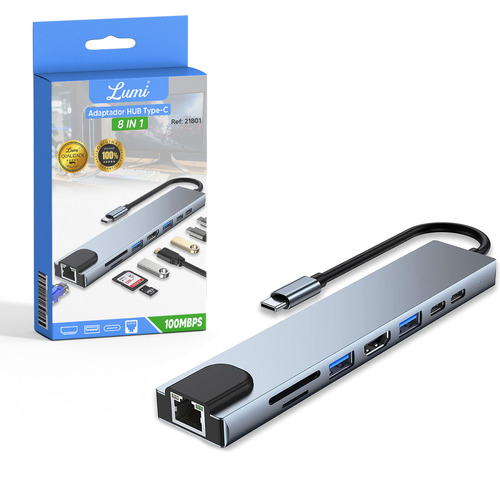 Adaptador De Hub Tipo C 8 En 1 Usb 3.0 Hdmi 4k Lan Rj45 Micro Sd Lumi