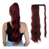 Aplique Rabo De Cabelo Ondulado Velcro Borgonha 65cm