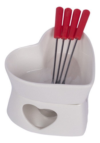 Kit Conjunto Fondue Aparelho Panela Cerâmica Coração Branco