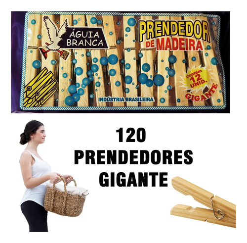 Kit Com 120 Prendedor De Roupas Pregador Gigante Madeira  