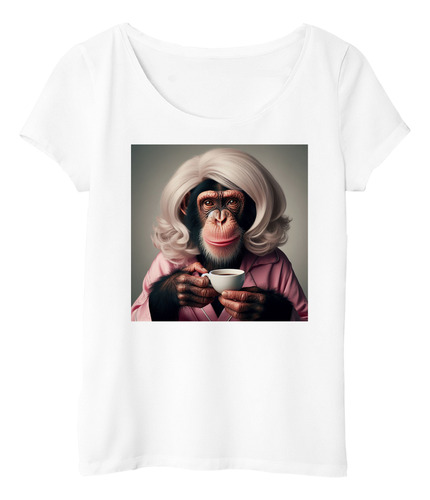 Remera Mujer Mono Peluca Tomando Cafe M1