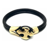 Pulseira Joia Masculina Couro Preto Cruz Banhada A Ouro 18k