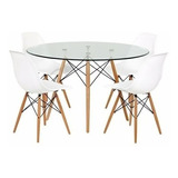  Mesa Redonda Eames Vidrio 100cm + 4 Sillas Eames Comedor 