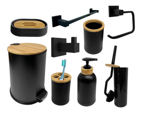 Kit Baño Unico Bambu X 9 Piezas Completo  Premium Negro