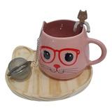 Kit Caneca De Chá Com Infusor E Colher Patinha Gato Gatinho