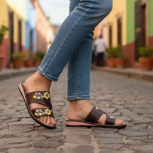 Huarache Artesanal Para Dama De Piel De Meter Z Pintado