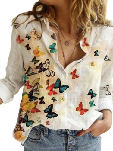 Camisa Con Solapa De Lino Y Estampado De Mariposas