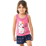 Pijama Infantil Feminino Baby Doll Verão Conforto Gatinha