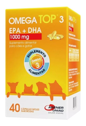 Suplemento Cães E Gatos 1000mg 40 Cáps Omega Top 3 Agener