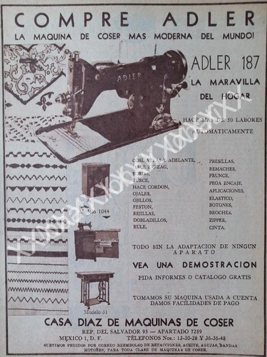 Cartel De Maquinas De Coser Adler 1953 104, Casa Diaz De Maq