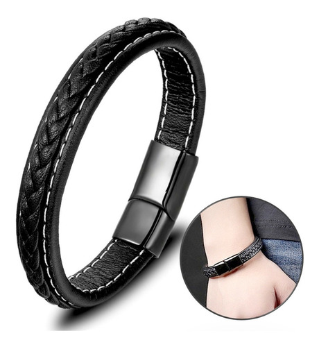 Pulseira Masculina Couro Acabamento Costura Trança Fecho Imã