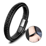 Pulseira Masculina Couro Acabamento Costura Trança Fecho Imã