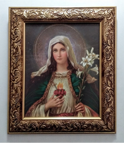 Sagrado Corazón De María En Marcó Dorado 30 X 25 Cms 
