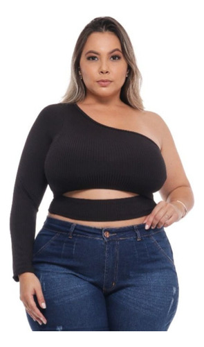 Blusa Cropped Canelado Plus Size Mula Manca Longa Sem Bojo