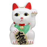 Estatua De Cerámica Del Gato Maneki De   Japonés Blan...