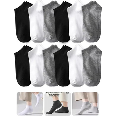 12 Pares Calcetines Cortos Hombres Dama Unisex Cómodo Blanco/negro/gris 18-30cm