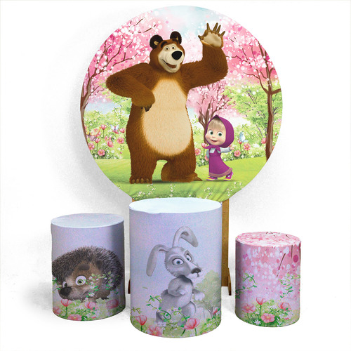 Painel De Festa Redondo + Trio Capas Sublimadas Masha & Urso