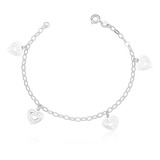 Pulseira Feminina Prata 925 Coração Comprimento 18 Cm Diâmetro 19 Cm