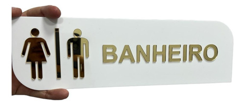 Placa Sinalização Banheiro Wc Acrílico Branco Com Dourado