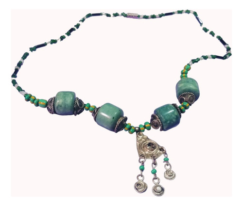 Collar Vintage Estilo Boho Hippy Mujer, Piedras Verdes Metal