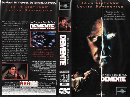Demente Vhs Raising Cain Brian De Palma John Lithgow 1992
