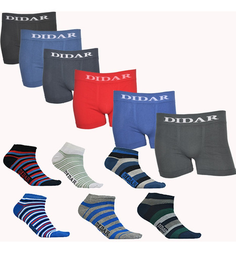 Boxer Didar Combo Liso 6 Boxer + 6 Soquetes Rayado Didar