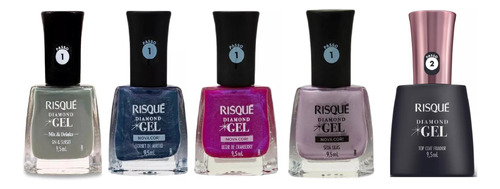 Kit Risqué Diamond Gel 4 Cores + 1 Top Coat Fixador