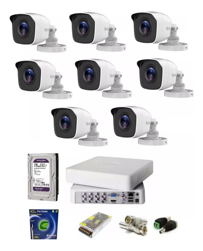 Kit Cftv Dvr 08 Canais Hilook+ Hd+08 Cameras+ Fonte+ Bnc+ P4