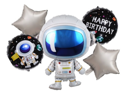 Kit Globo Metálico Astronauta Happy Birthday Feliz Cumple