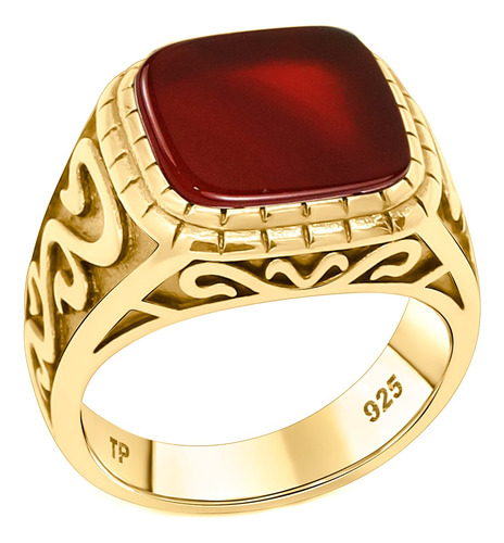 Anel Masculino Prata 925 Dourada 18k Esculpido - Ágata Red