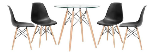 Kit Mesa Eames Wood 80 Cm Tampo Vidro 4 Cadeiras Eiffel Dsw Tampa Preto