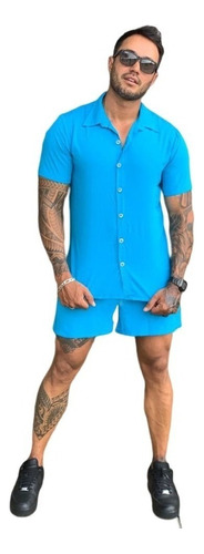 Conjunto Verão Masculino Praia Estampado Camisa Lisa Viscose