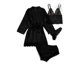 Pijama De Mujer Con Encaje Negra 4 Pzs, Talla L
