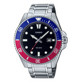 Relógio Masculino Casio Standard Mdv-107d-1a3v Cor Da Correia Prateado Cor Do Bisel Azul/vermelho Cor Do Fundo Preto