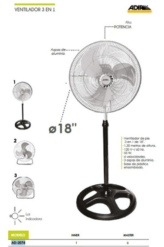 Ventilador 3 En 1 Adir 2074, 18  De Diámetro 120 v