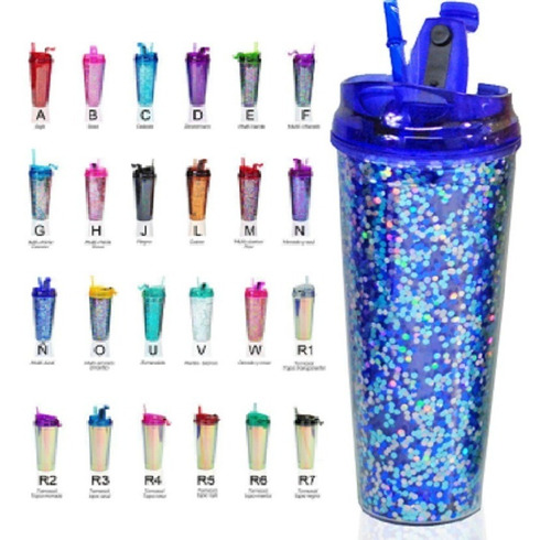 Paquete 10 Vasos Glitter Termos Antiderrame Con Popote