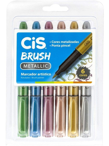 Caneta Ponta Pincel Brush Metalic Kit 6 Cores - Cis