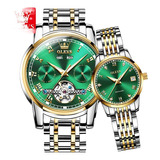 Reloj Mecánico Automático Reloj De Pareja Reloj Esqueleto Color De La Correa Plateado Color Del Bisel Dorado Color Del Fondo Green Watch