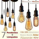 7 Luminárias Pendente Completa + 7 Lâmpadas Retro Vintage Md