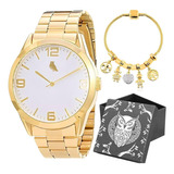 Relogio Feminino Dourado Aço Inox + Pulseira Pandora + Caixa