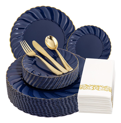 Kit De 150 Platos De Plastico Azul Para Fiesta Elegante