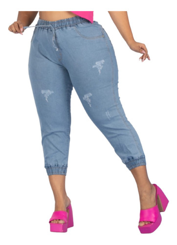 Calça Jeans Plus Size Feminina Jogger Cintura Elástico Lycra
