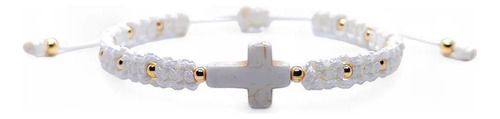 Pulsera Cruz Con Cuentas Chapadas En Oro Ajustable
