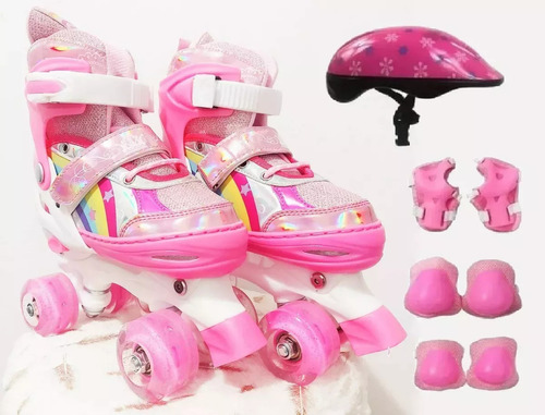 Patins Ajustável Arco-íris Rodinhas Led + Kit Proteção