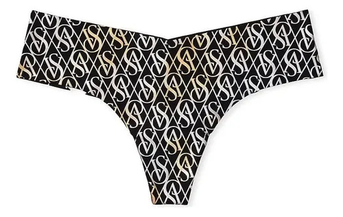 Victoria's Secret Shimer Logo Panty Sexy Negro Dorado 402572