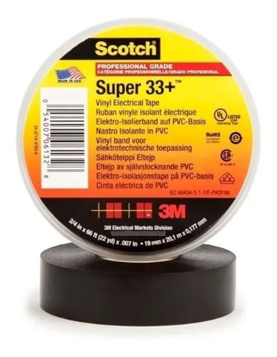 3m Super33+ Cinta Aisladora 19mmx20.1mx0.177mm Preto 10 Unidades