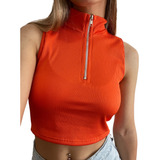 Remera Top Con Cierre Polera Naranja Y Negro Morley Brillo