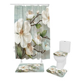 4pcs Set De Cortina De Ducha Con Fondo Floral Blanco Rústico