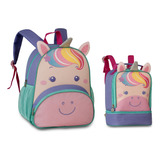 Kit Mochila E Lancheira Unicórnio Roxo Infantil Escolar Clio